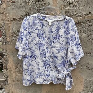 New H&M Blue & Cream Linen Wrap over Floral Top Size XXL